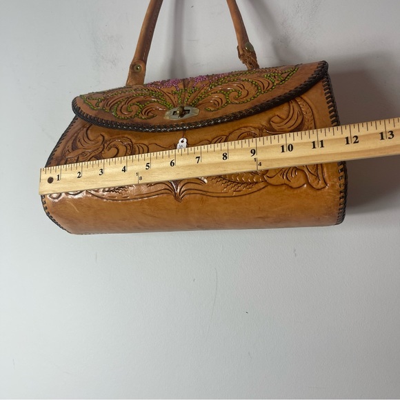 Vintage Brown Tooled Leather Purse Rhinestones Metal Clasp - Picture 14 of 16